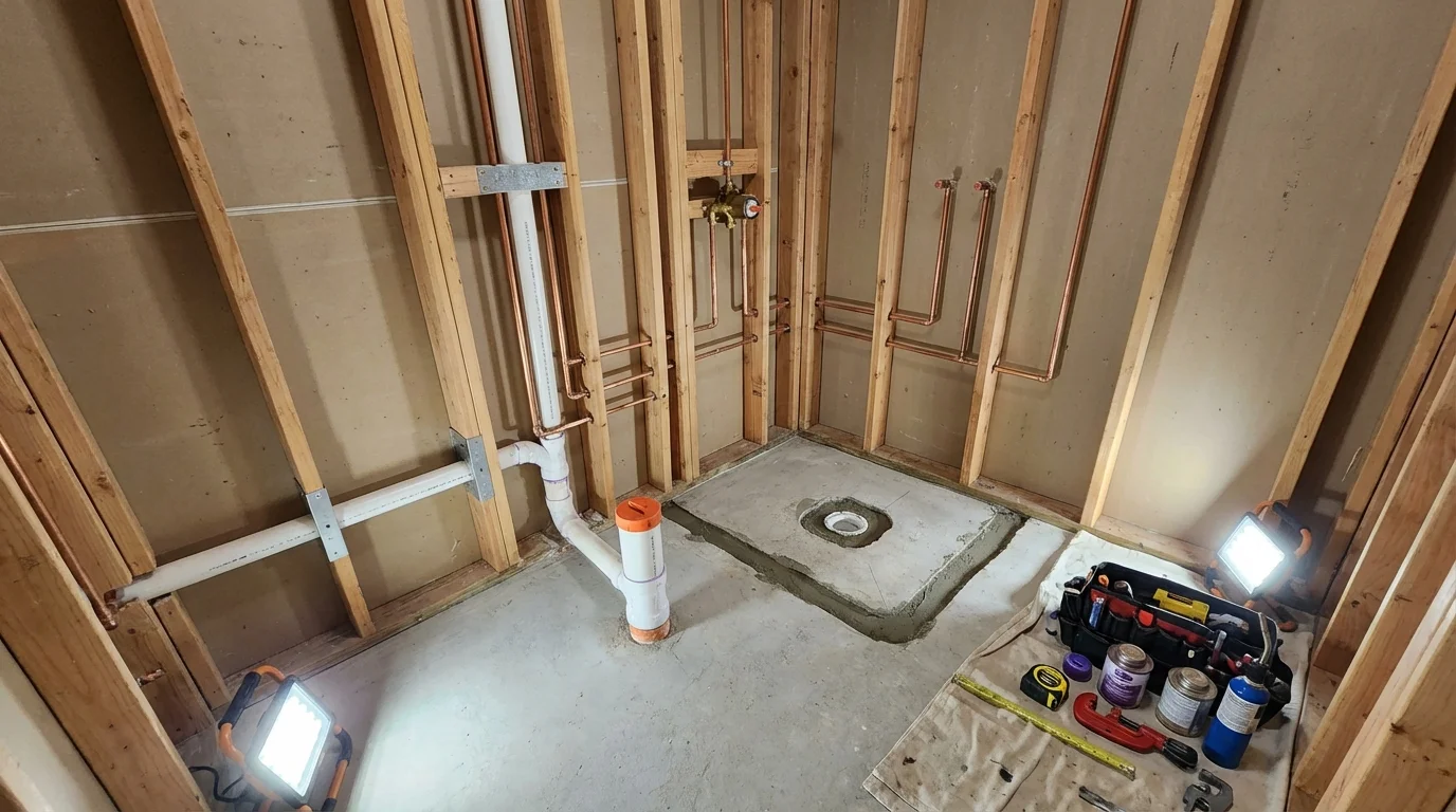 Bathroom rough-in plumbing during remodel by Johns Plumbing LLC in Riverside