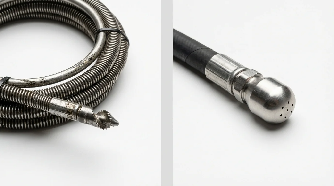 Drain snake cable and hydro jetting nozzle used for drain cleaning in Riverside, IL