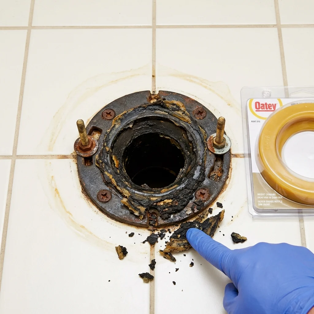 Failed wax ring showing water seepage at the base of a toilet in a Riverside, IL home