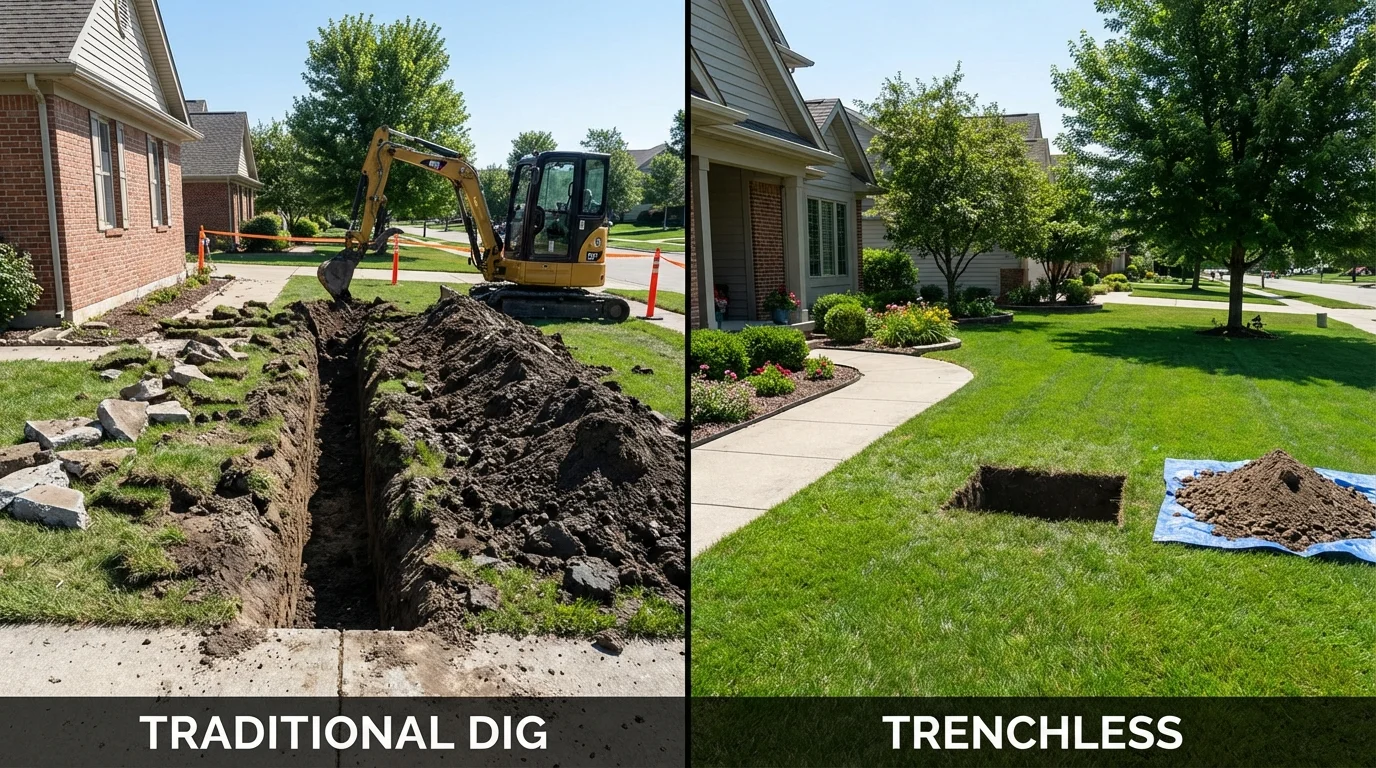 Trenchless sewer repair with minimal yard damage versus traditional excavation in Riverside, IL